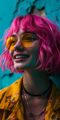 Naklejka premium Smiling girl with pink hair in the style of tropical symbolism, mixed realistic and fantastical elements, light blue and pink, backlight.