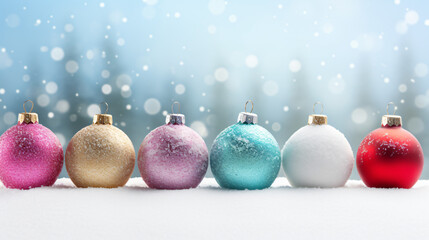 Colorful Christmas balls in a row background snow