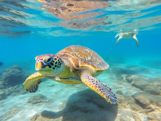Two sea turtles swim gracefully together, exuding love and care in their elegant movements.