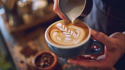 A barista carefully crafts latte art in a coffee cup, the foam forming a delicate pattern.