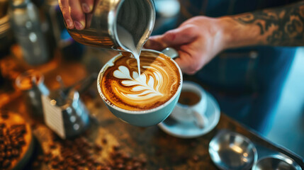 A barista carefully crafts latte art in a coffee cup, the foam forming a delicate pattern. - obrazy, fototapety, plakaty