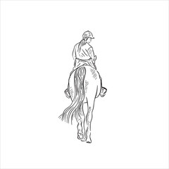 A line drawn illustrative sketch of a back view of a lady riding a horse. A black and white hand drawn sketched vector.