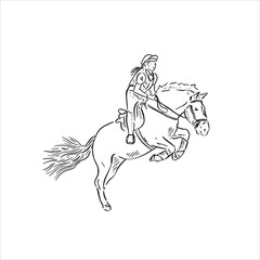 A line drawn horse jumping with a rider on the back. A hand drawn illustration in black and white. 