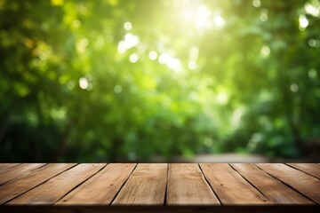 an empty wooden table against a backdrop of lush green nature