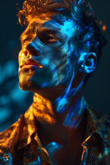 Fototapeta premium Male under dark gold and navy blue lights.