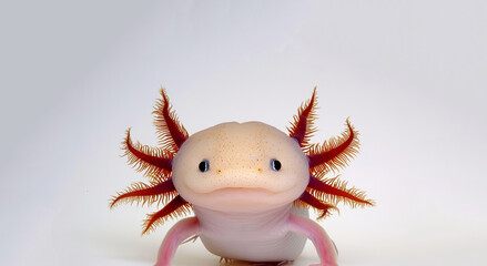 A cute axolotl, a biomechanical tubular creature, is seen as a stuffed animal on a white surface.