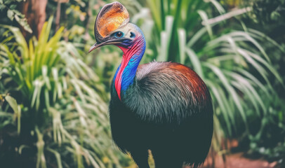 Fototapeta premium A rare, colorful bird with a long crown of feathers is captured in a surrealistic wildlife photograph in the jungle.