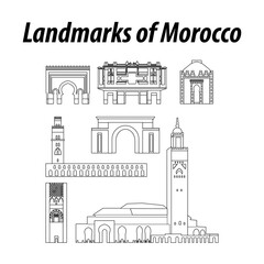 Bundle of morocco famous landmarks by silhouette outline style,vector illustration