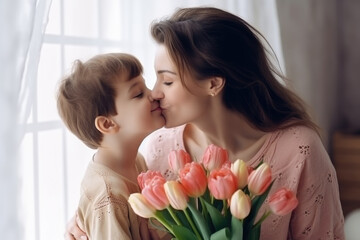 Obraz na płótnie Canvas Tender Kiss from Son to Mother with Tulips