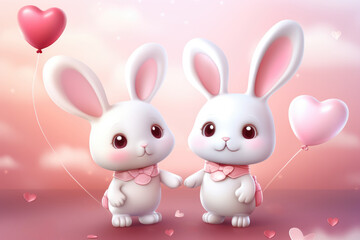 Obraz na płótnie Canvas Two adorable bunnies holding hands with heart-shaped balloons on a dreamy pink background.