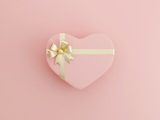 Gift box gold ribbon over pink background. Happy birthday, Merry Christmas, New Year, Wedding or Valentine Day concept. 3D rendering illustration