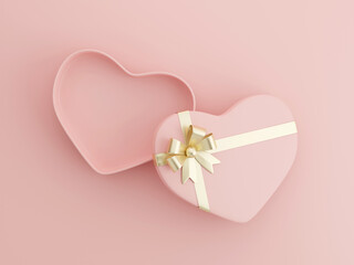 Open gift box gold ribbon over pink background. Happy birthday, Merry Christmas, New Year, Wedding or Valentine Day concept. 3D rendering illustration