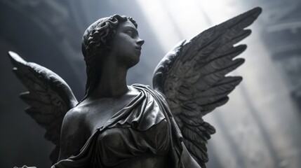 a statue of a woman with wings - obrazy, fototapety, plakaty
