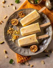 Malai kulfi traditional Indian ice scream or Qulfi, Rajasthani home made ready to eat frozen dairy dessert. rajwari or rajwadi sweet kesar badam pista ice cream candy.