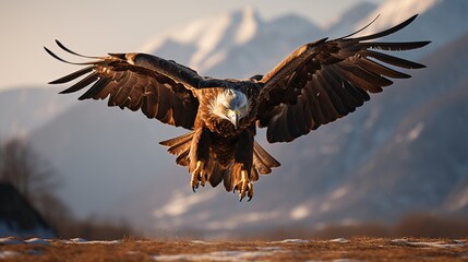 A photograph of a golden eagle that is prepared to fly in an isolated region with mountains