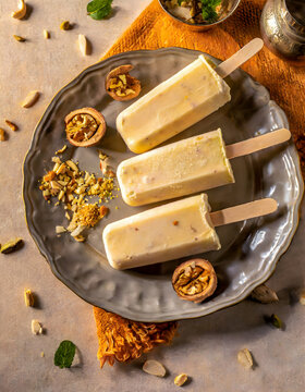Malai kulfi traditional Indian ice scream or Qulfi, Rajasthani home made ready to eat frozen dairy dessert. rajwari or rajwadi sweet kesar badam pista ice cream candy.