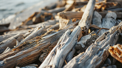A jumble of sun-bleached driftwood pile on a seashore. - obrazy, fototapety, plakaty