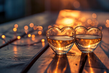 Gläser in Herzform mit Wasser im Sonnenlicht auf Holztisch