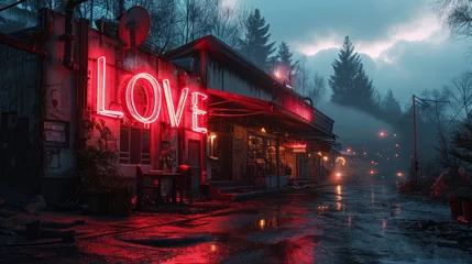 Fotobehang Large neon sign with the word LOVE on an old building. Glowing symbol of love. Lights of romance © Vladimir