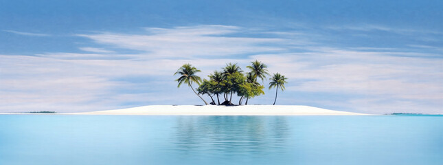 a small island with two palm trees on it in the middle of the ocean with a blue sky and clouds, beautiful landscape, a matte painting, minimalism, generative ai - obrazy, fototapety, plakaty