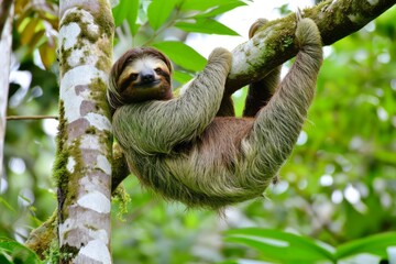 Fototapeta premium A cute sloth, hanging upside down on a curly branch, is seen chilling on a leaf in a lush wildlife photograph.