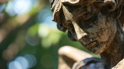 Close-up of an angel statue in sunlight.