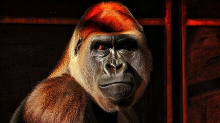 A grumpy gorilla, its gaze reminiscent of a primal ape, stares into the camera in a digital art animal photo.