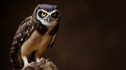An owl, its large yellow eyes radiant, sits atop a tree stump, its black biker jacket adding a touch of superb detail.