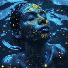 a woman with blue and gold paint on her face