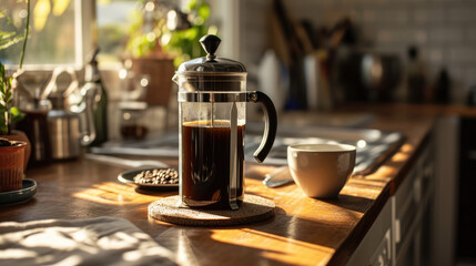 Sunlight bathes a French press on a wooden countertop, evoking a warm, inviting morning coffee scene.