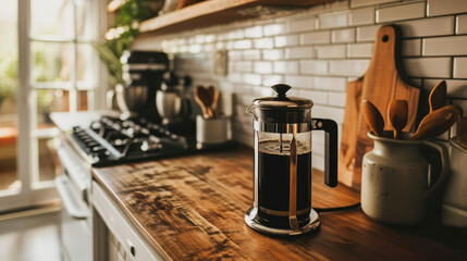 Sunlight bathes a French press on a wooden countertop, evoking a warm, inviting morning coffee scene. - obrazy, fototapety, plakaty