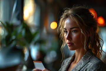 Business partners engaged in a conversation over a business card, business meeting image