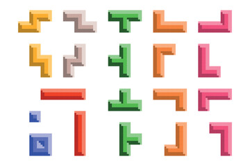 Vector set of illustrations of Tetris game puzzle elements isolated on white background