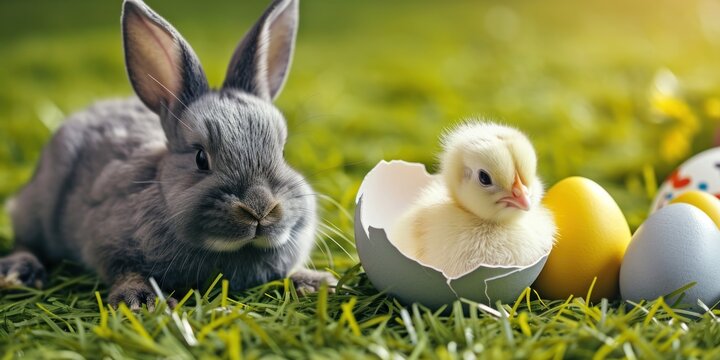Gray rabbit and yellow chicken in a shell on green grass with colored eggs. Easter and friendship concept