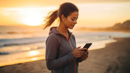 Naklejka premium Active lifestyle by the ocean: young woman using a smartphone to browse beach workouts