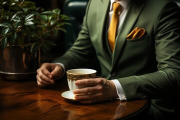 Professional businessman with coffee and tie taking a brief moment of relaxation, business meeting image