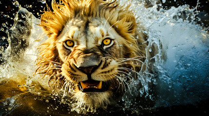 Lion féroce avec des éclaboussures d'eau autour de lui