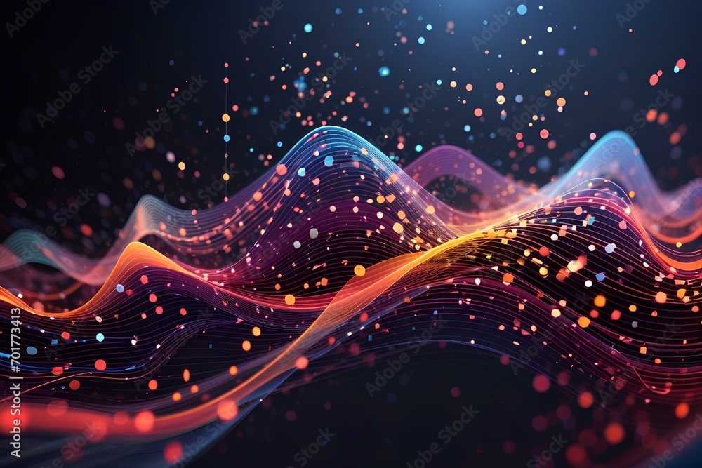 Poster the musical stream of sounds. abstract background with interweaving of dots, created by ai generated