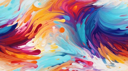 Obraz premium an abstract painting of multicolors on a white background with a blue, red, yellow, and orange swirl.