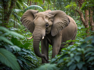 Fototapeta premium An African elephant gracefully moving through the lush jungle - wildlife photography