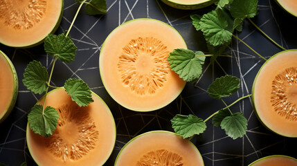 Directly above shot of cantaloupe slices by plant