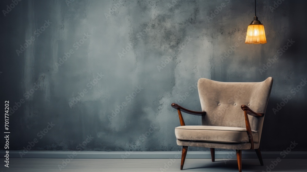 Poster a chair sitting in front of a gray wall with a light hanging from it's side and a lamp on top of it.
