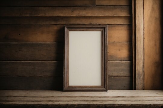 Frame mockup Living room Interior mockup with house background classic interior design 3D render A blank frame stands tall on a rustic wooden table, its edges weathered and worn from years of use. 
