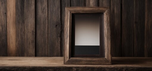  A blank frame stands tall on a rustic wooden table, its edges worn and weathered from years of use Frame mockup Living room Interior mockup with house background classic interior design 3D render