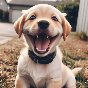 Cute Dog Puppu laughing in the Garden