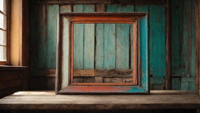 Frame mockup Living room Interior mockup with house background classic interior design A rustic wooden table with a blank frame standing tall on it, its edges aged and worn from years of use 