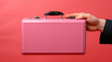 hand holds a suitcase on the pink background. Generative AI	