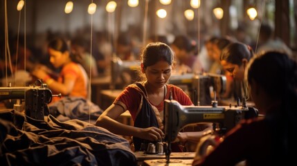 Young indian women work in the sewing / garment factory, photo documentary, concept: Child labor , 16:9 - obrazy, fototapety, plakaty