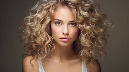 A woman with curly hair wearing natural makeup is posing in a studio shot.