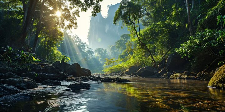 Fototapeta tropical rainforest river landscape, a mysterious temple in the jungle